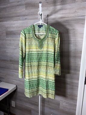 Beaded-Neckline Green Patterned Tunic Top 1872